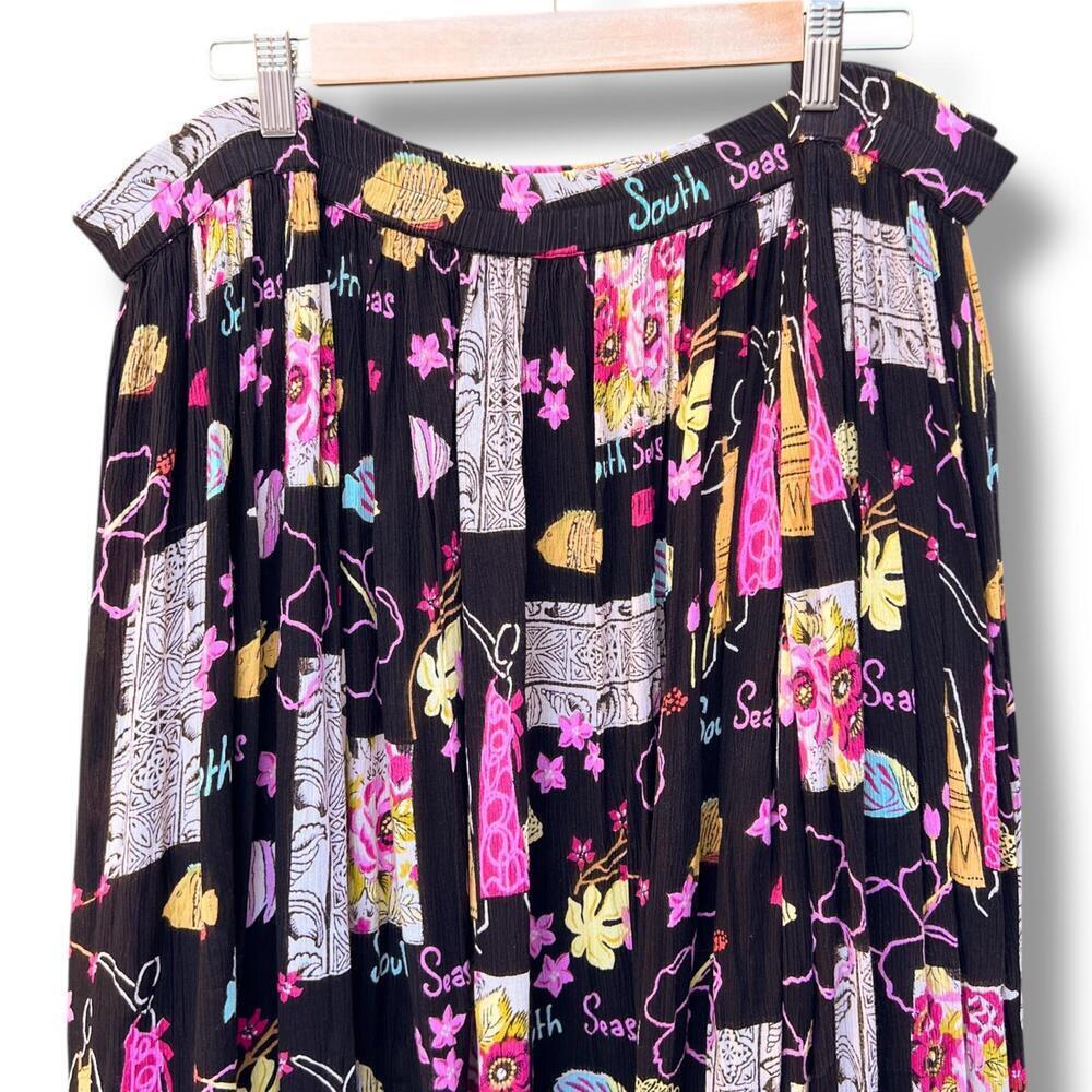 Vintage Black Vacation Print Flowy Plus Size Rayon Maxi Skirt - Picture 2 of 6